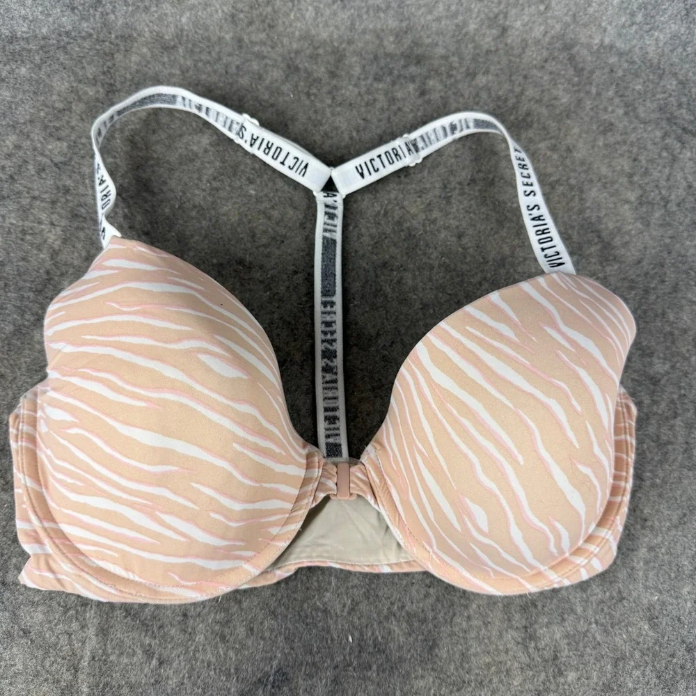 Victorias Secret T-Shirt Lightly Lined Demi Bra 36D Zebra Print Logo Racerback